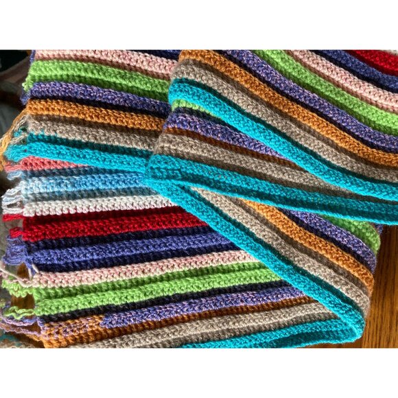 100% Cashmere Handmade Colorful Rainbow Multicolor Striped Tasseled Boho Scarf - Picture 2 of 6